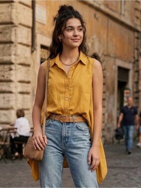 Fever Mustard Sleeveless Button-Down Handkerchief Hem Top